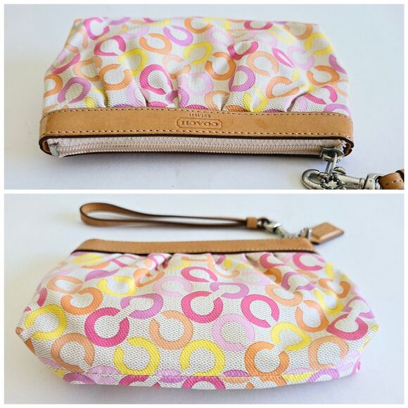 Coach Wristlet Pink Op Art Signature Zip Clutch Vachetta Leather Trim Retro Y2K - Picture 8 of 12